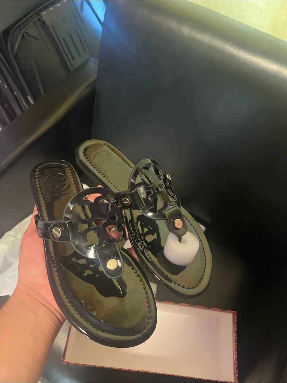 Tory Burch Black Patent Miller Logo Thong Sandals - Gold Accents